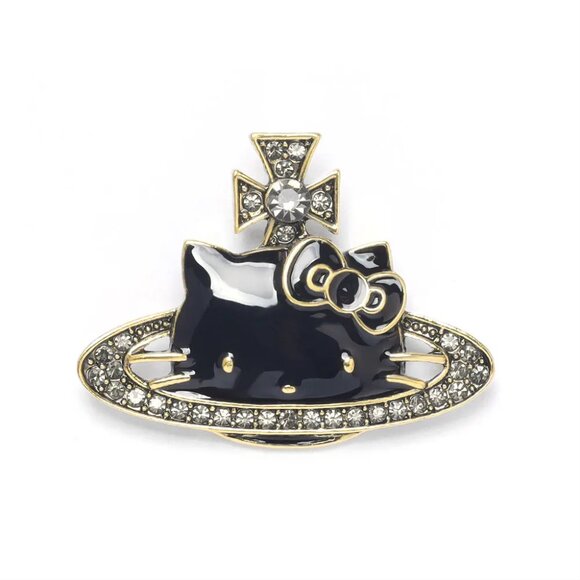 Hello Kitty Pin Brooch Black Enamel  & Antique Gold w/ cz's - Picture 1 of 3